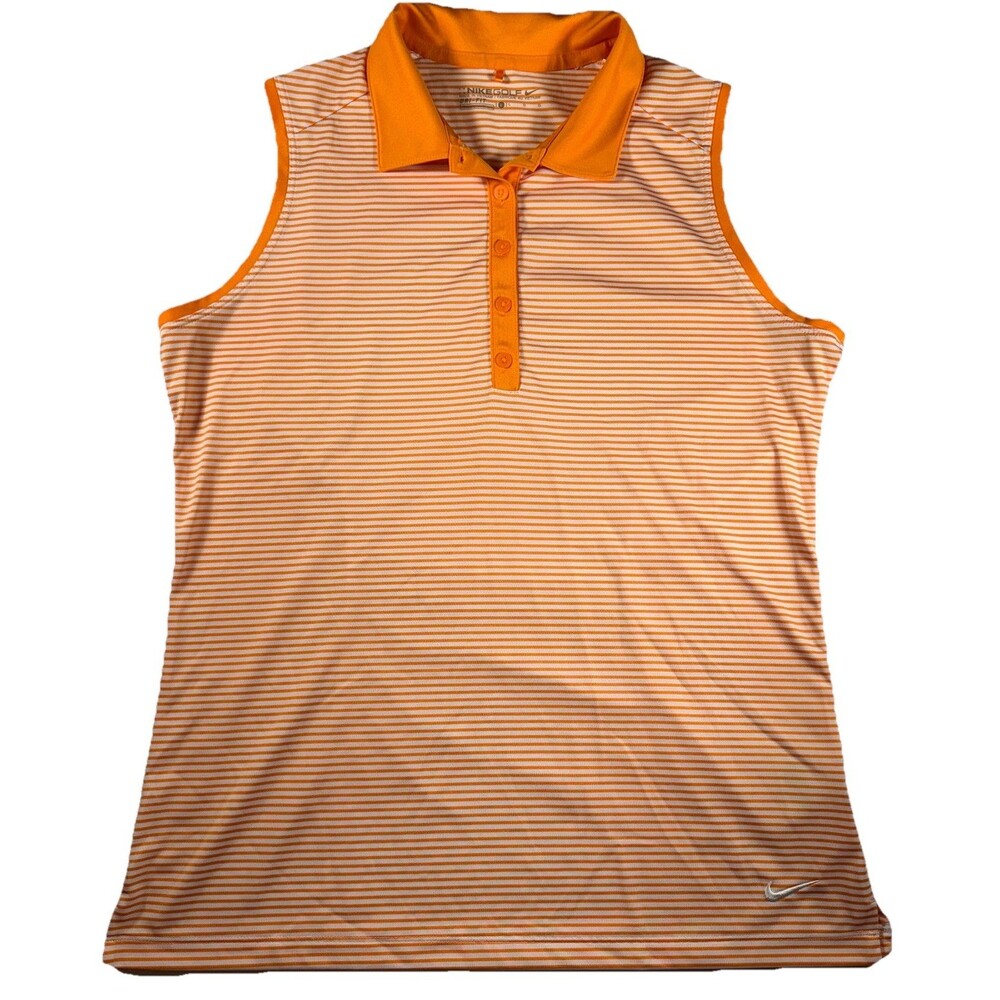Nike Golf Dri-Fit Sleeveless Polo Shirt Women Orange Striped Tennis Pickleball L